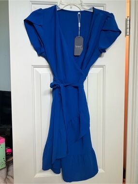 Soprano Bright Blue Wrap Midi Dress with Tie Waist